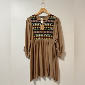 Umgee Brown Embellished Smocked Sundress with Bishop Sleeves